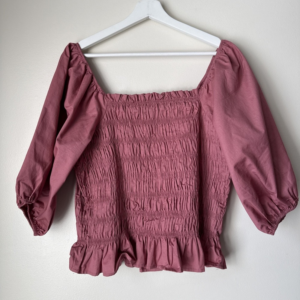 Arula Top Womens Pink Coquette Peplum Smocked Shirt Size XL Beachy Ruched Preppy